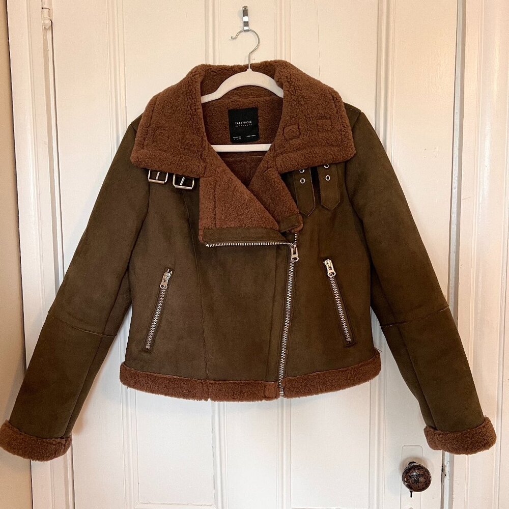 Zara Olive Green Faux Shearling Moto Jacket Size Large